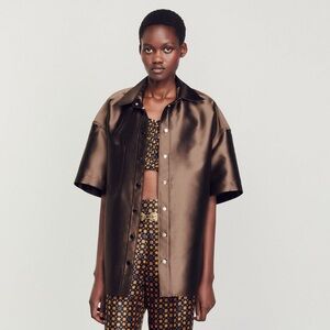 NWT SANDRO Oversized Satin Shirt in Chocolate